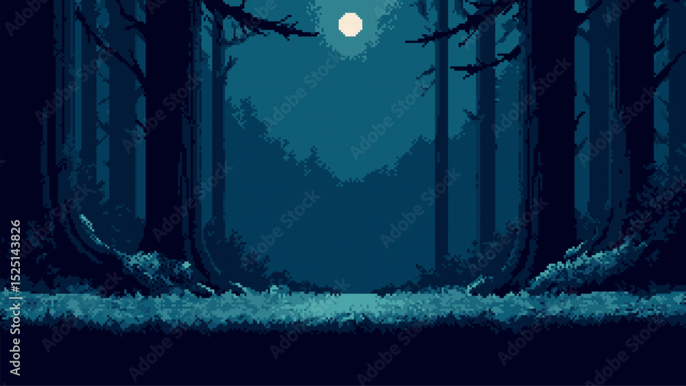 Enigmatic dark forest at night with a full moon. Pixel art game level ...