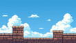 © hiten666 - Pixel art game level with a brick wall and a cloudy sky background. Retro 8 bit asset for classic arcade adventure game. vector graphics.