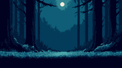 Wall Mural - enigmatic dark forest at night with a full moon. pixel art game level design, vintage retro video ga