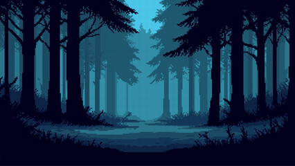 Wall Mural - mystical pixel art forest at twilight. game level background with dark trees and foggy night. retro 