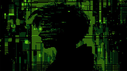 Wall Mural - green pixelated glitch background with abstract geometric shapes on a black backdrop. digital corrup