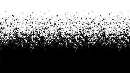 Abstract explosion particle wave pattern with scattered shattered shapes. Burst effect concept for digital design element. Vector graphics.