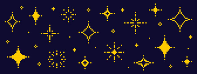 Wall Mural - pixel art set of shining stars on dark background. retro game design element and magic glow with spa