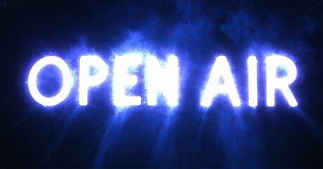 Aufkleber - Bright text reads OPEN AIR against dark blue background. Light emanates from lettering, creating dramatic effect. Simple, bold design.