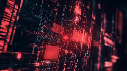 Aufkleber - Video with a complex abstract background displaying encrypted programming code and digital security elements. The dark futuristic theme includes red warning signals and protective firewalls.