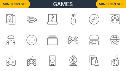  Games outline icon set. Gaming icon elements containing points and life bars, console, player, chess, multiplayer, casino and mobile game icons.video games, gaming, technology, gadget, esport.