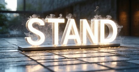 Aufkleber - Illuminated word STAND emits smoke. Wet tiles reflect light, creating dramatic visual effect. Dark background enhances brightness.