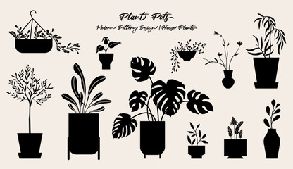 Plant pots vector illustration, folk art style, silhouette, black and white graphics, isolated elements. 