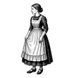 © slowbuzzstudio - Standing Woman in Apron Holding Dress in Engraved Detailed Black and White Line Art