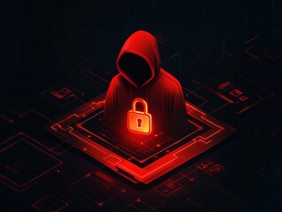 mysterious hacker figure wearing a red hoodie with a glowing padlock face, surrounded by digital pad