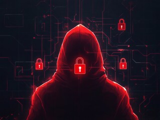 mysterious hacker figure wearing a red hoodie with a glowing padlock face, surrounded by digital pad