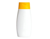 White bottle with yellow cap suitable for liquid products. Isolated transparent background