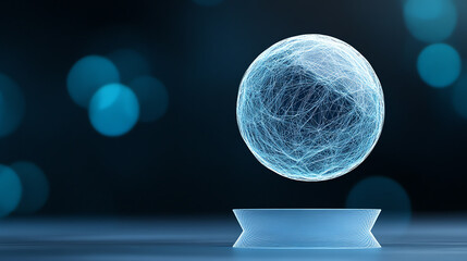 Poster - A futuristic holographic sphere with intricate blue lines, representing advanced technology and innovation in a digital world.