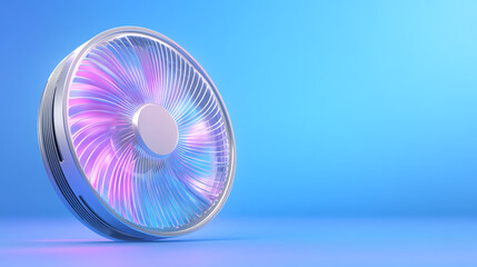 Aufkleber - A modern electric fan with vibrant LED lights, creating a refreshing ambiance in a bright blue background.