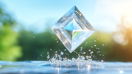 Leinwandbilder - A stunning crystal prism floating above water, reflecting light and creating beautiful splashes. Ideal for science and nature themes.