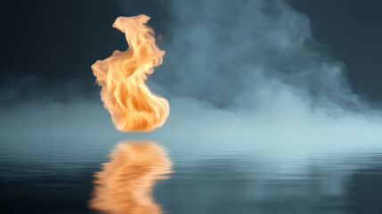 Poster - A vibrant flame dancing above a reflective water surface, creating a striking contrast with dark smoke in the background.