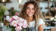©  Shomixer - A joyful woman stands in a floral shop, beaming as she holds a bouquet of fresh peonies, radiating warmth and the beauty of nature in her surroundings.