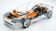 © Afsana - Transparent electric car model showcasing internal battery and motor components on white background with orange industrial accents for clean energy and automotive engineering concept