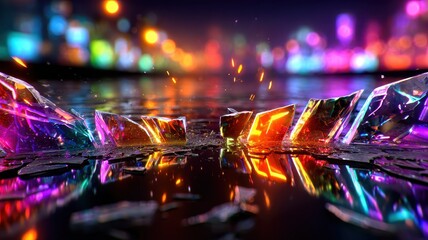 Wall Mural - colorful shattered glass reflection with night city lights background