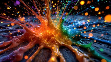 Wall Mural - vibrant colorful splash with glittering particles and dark background