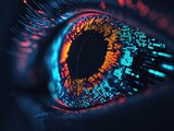 A close-up of a human eye with vibrant, digital neon patterns suggesting technology and artificial intelligence integration.