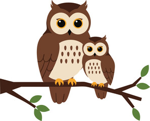 owl and baby owl sitting on branch with green leaves vector illustration in brown and beige colors