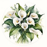 Watercolor painting with a bouquet of calla lilies in a circle.