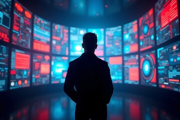 silhouette of man observing futuristic data screens