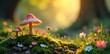 © Chaya - Enchanted fairy garden bathed in soft yellow sunlight; delicate flowers, whimsical mushrooms, tiny glowing lights, and sparkling dew drops create a magical scene , pastel, garden, moss