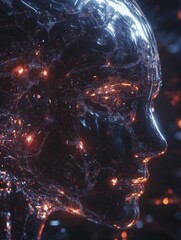 Wall Mural - Futuristic robot head with glowing lines, set against a dark background. Highly detailed and intricate design of cybernetic implants.