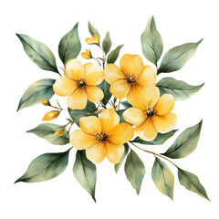 Wall Mural - watercolor illustration of a dense arrangement of yellow flowers and green leaves isolated on white 