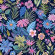 © Riva - Vibrant floral seamless pattern in a moody palette of blues and pinks for design purposes