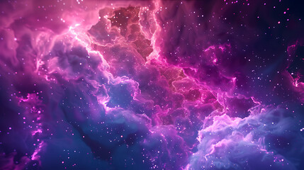 A vibrant nebula with swirling clouds of purple, pink, and blue hues, speckled with glittering stars, creating a mesmerizing cosmic landscape
