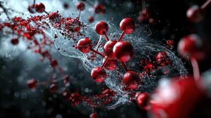 Poster - A dynamic visualization of red molecular structures connected by web-like filaments on a blurred background.