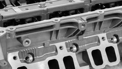 Aufkleber - Close-up of a disassembled silver car engine auto service concept background.