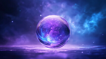 Wall Mural - A glowing crystal sphere with a cosmic galaxy inside floats on a vibrant, mystical purple background.