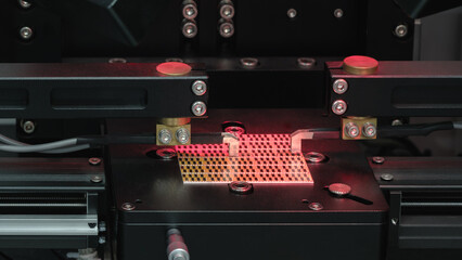 Poster - Microchip production and testing stand, electronic technology concept background.