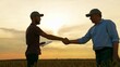 © Victoriia - Male farmers shaking hands, wheat field. Handshake, joint work of people. Business people shake hands outdoor in sun. Business teamwork. Partners agreed concluding deal, sign of consent to shake hands