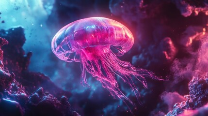 Wall Mural - neon jellyfish in a dreamlike ocean