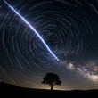 © SweaterWeather - Night Sky with Star Trails Meteor and Solitary Tree Silhouette