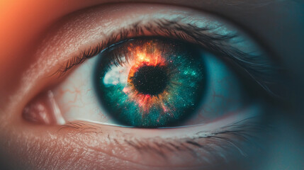 Wall Mural - A human eye with a galaxy and fiery colors in the iris, blending realism with cosmic, surreal elements.