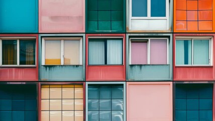 Aufkleber - Colorful facades of modern apartments showcasing unique window designs in vibrant hues on a sunny day