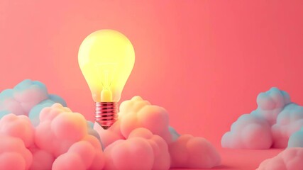 Poster - Creative light bulb surrounded by pastel clouds in an imaginative setting showcasing innovation and inspiration