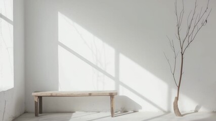 Poster - Minimalist interior design with wooden bench and simple branch, showcasing natural light, clean lines, and modern aesthetic in a peaceful setting