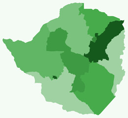  Map of Zimbabwe with regions. A simple country border map with regional divisions. Green color palette. Plain Zimbabwe shape with administrative division. Vector illustration.
