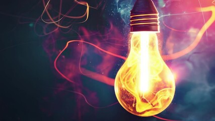 Aufkleber - Colorful light bulb surrounded by swirling smoke and vibrant particles in 4K high quality video