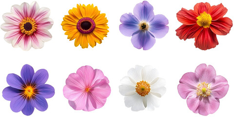 Wall Mural - collection of single fresh flower cutout clipping path png isolated on white or transparent backgrou