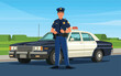 © Srabony - Vector Illustration of a Police Officer Standing Next to a Classic Police Car