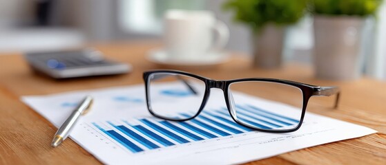 Poster - Glasses on Financial Chart With Pen and Coffee Cup, Demonstrating Business Strategy and Market Analysis in a Bright Office Setting : Generative AI
