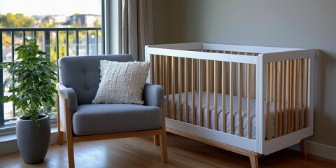 Aufkleber - Modern Nursery With Crib and Armchair by Window, Representing Comfort and Family Planning, Perfect for Interior Design and Real Estate Marketing Campaigns : Generative AI